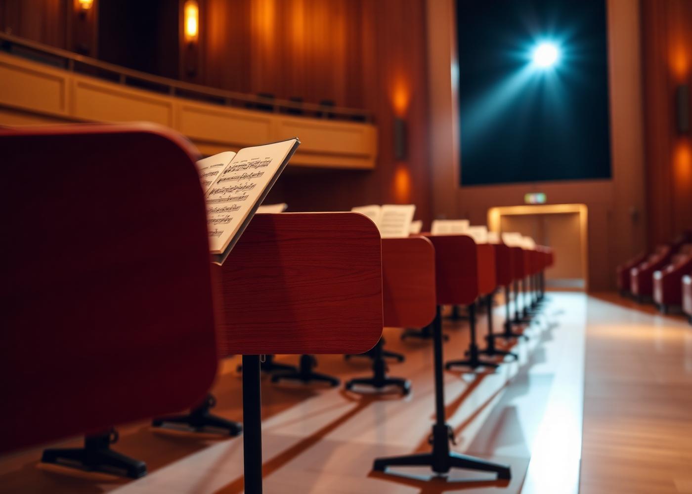 Empty music stands in a concert hall, ready for rehearsal.